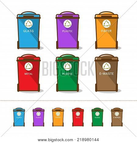 Waste segregation and garbage recycling sorts and categories. Colored recycle bin vector illustrations. Plastic organic glass electronic waste paper and metal waste types.