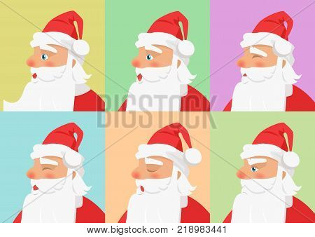 Set of different emotions from Santa Claus on color background. Vector illustration of normal cool funny expression and angry surprised profile faces. Expressing moods through nonverbal communication