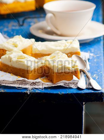 Pumpkin Bars with cream cheese fristing.selective focus