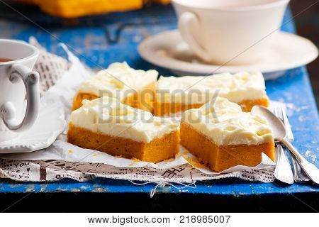 Pumpkin Bars with cream cheese fristing.selective focus