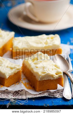 Pumpkin Bars with cream cheese fristing.selective focus