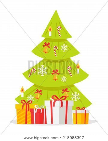 Christmas tree with gift boxes isolated on white. Cartoon fir tree with snowflakes, sweet candies and candles with fire xmas holiday concept. Happy New Year winter season holiday celebration. Vector