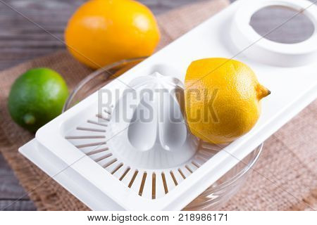 Handmade juicer with lemon and lime, fruit healthy for diet