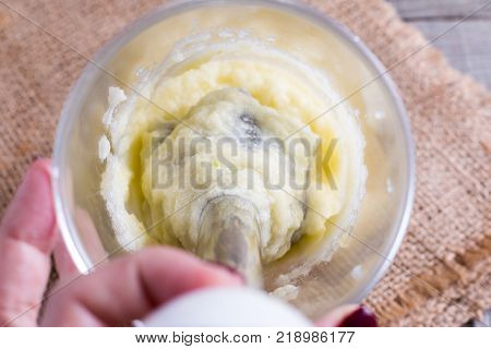 Pineapple puree in a blender, fruit healthy for diet