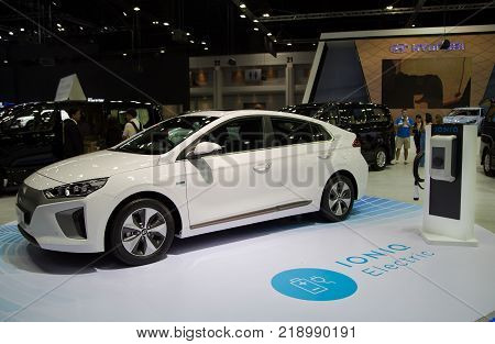Bangkok Thailand - December 11 2017: Hyundai Ioniq Electric Car presented in Motor Expo Show 2017