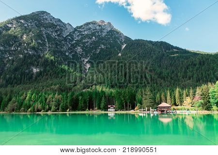 Wonderful Dobbiaco lake the Dolomites mountain Italy