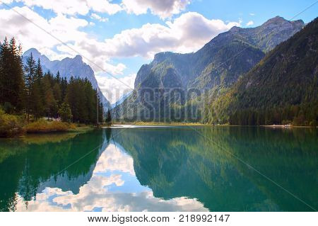 Dobbiaco lake the Dolomites mountain in Italy, Europe