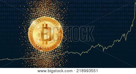 Horizontal web banner with golden bitcoin and dark background with graphic chart and place for your text