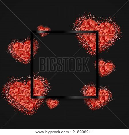 Happy valentine day festive sparkle layout template design. Glitter pink hearts on background with frame, border. Lettering Valentine's day card vector Illustration. Be my valentine.
