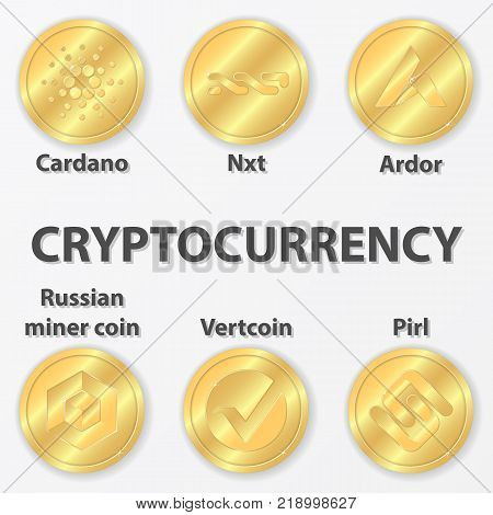 Set of 6 crypto currency coin. Golden cardano nxt ardor vertcoin pirl and russian miner coin