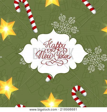 Happy New Year seamless pattern with greeting text in elegant frame candy snowflake and shiny star vector illustration