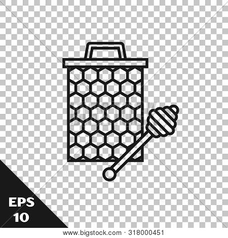 Black Line Honeycomb With Honey Dipper Stickicon Isolated On Transparent Background. Honey Ladle. Ho