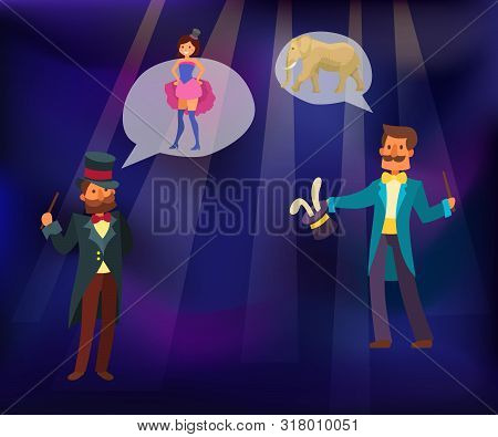 Magic Show Vector Illustration. Magician Conjured Rabbit Out Of Magical Hat. Illusionist Performing 