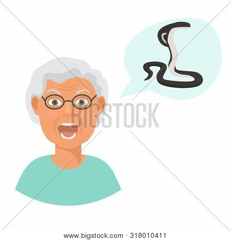 Snakes Scared Head Of Eldery Woman Cartoon Vector Illustration. Grandmother Suffering From The Fear 