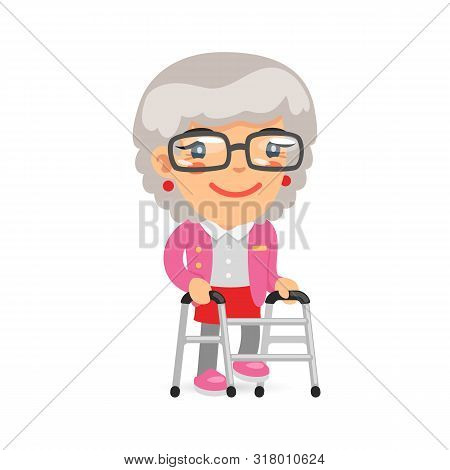 Old Lady Is Walking With A Zimmer Frame. Flat Female Character.