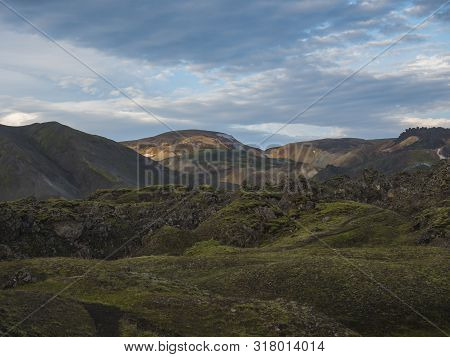 Colorful Rhyolit Mountain Panorma With Multicolored Volcanos In Landmannalaugar Area Of Fjallabak Na