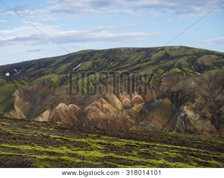 Colorful Rhyolit Mountain Panorma With Multicolored Volcanos In Landmannalaugar Area Of Fjallabak Na