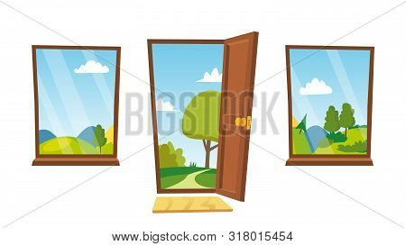 Opened Door And Windows . Cartoon Flat Summer Landscape. Home Interior. Front View. Freedom Concept.