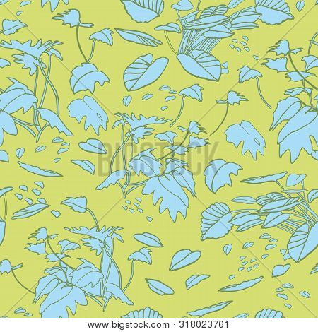Modern Exotic Jungle Leaf Pattern. Scattered Botanical Leaf, Line Art Doodle Style, In Pastel Green 