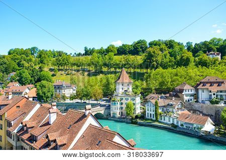 Beautiful Cityscape Of Swiss Capital Bern. Old Town Located Along Turquoise Aare River. Historical B