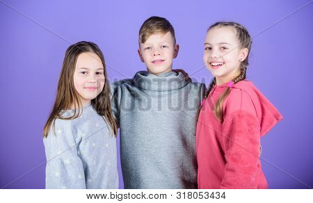 Teens Friends. Girl And Boy True Friendship. Children Smiling Faces On Violet Background. Friends Hu