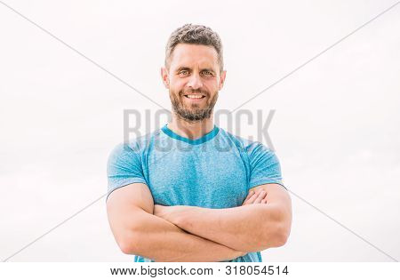 Muscular Male With Beard. Happy Man Isolated On White. Sportsman With Athletic Body. Coach In Fitnes