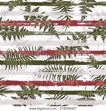 Jungle New Zealand Fern Frond And Bracken Grass Overlaying Stripes Vector Seamless Pattern. South Af
