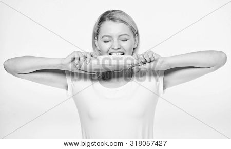 Farming, Farmer Girl With Maize. Happy Woman Eating Corn. Vegetable Harvest. Agriculture And Cultiva