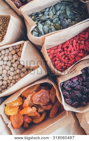 Zero Waste Delivery Concept. Eco-friendly Packing. Paper Bags With Organic Food, Zero Waste Shopping