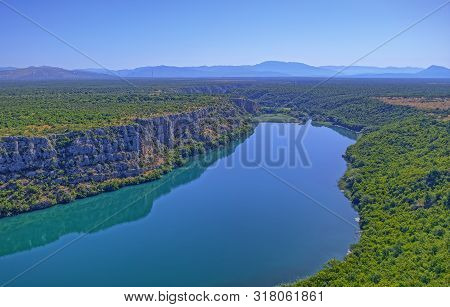Aerial View Of The Brljan Lake Located Downstream Of Bilusic Buk On The Exit From Canyon Of Krka Riv