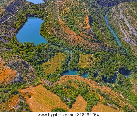 Aerial View Of The Brljan Lake Located Downstream Of Bilusic Buk On The Exit From Canyon Of Krka Riv
