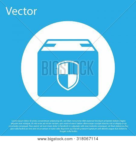 Blue Delivery Pack Security Symbol With Shield Icon Isolated On Blue Background. Delivery Insurance.