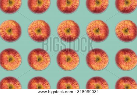 Pattern Of Red Apples, Fruit Collage Stock Photo On Sea Green Background