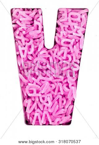 Capital letter V  made up  with 100,s of candy pink  letters 