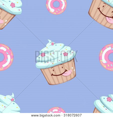 Seamless Vector Sweet And Cute Pattern With Bakery On A Blue Background. Delisious Cupcakes And Donu