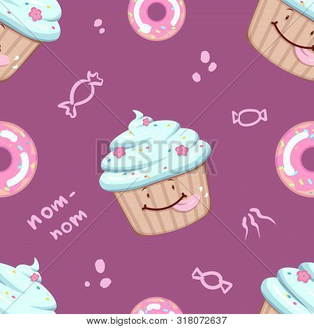 Seamless Vector Sweet And Cute Pattern With Bakery On A Purple Background. Delisious Cupcakes And Do