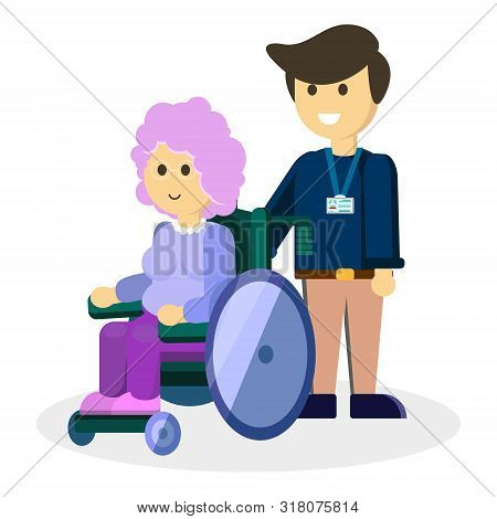 Cute Smile Volunteer Grandmother, Grany In Carriage Rejoice. Medical Assistance Social Support. Case