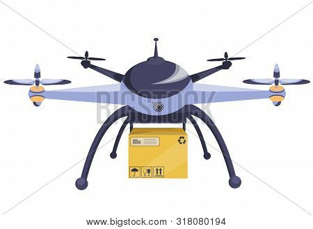 Drone. Modern Technology. Copter With Goods Flying In The Air. Parcel Technique Box Quadcopter-couri