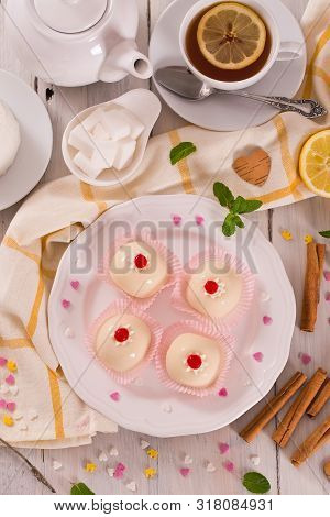 Sicilian Ricotta Cake (cassata) On White Dish.