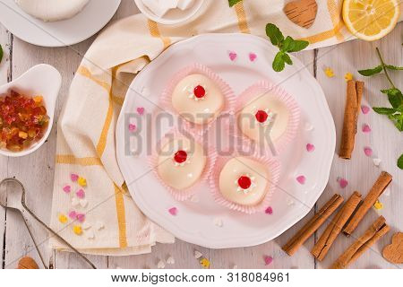 Sicilian Ricotta Cake (cassata) On White Dish.