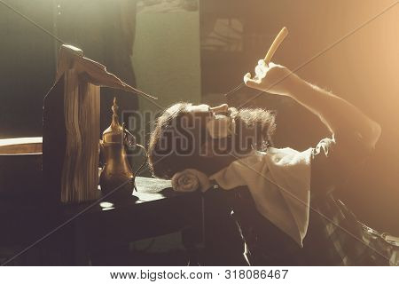 Handsome Bearded Man, Hipster, Brunette With Beard And Moustache Shaves With Vintage Razor With Cutt