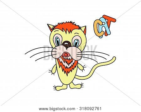 Comic Cartoon Character Of A Cat Standing On Its Paws With A Long Tail, Fluffy Fur.