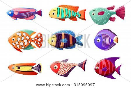 Coral Reef Fish Set. Raster Illustration In The Flat Cartoon Style Of Tropical Fish.