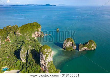 Travel vacation background - Aerial view of Railay beach, one of the most famousm, luxurious beach of Krabi, Thailand.