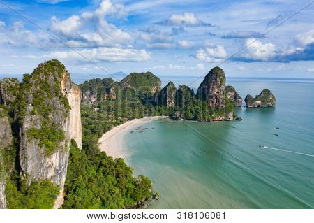 Travel vacation background - Aerial view of Railay beach, one of the most famousm, luxurious beach of Krabi, Thailand.