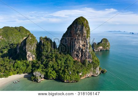 Travel vacation background - Aerial view of Railay beach, one of the most famousm, luxurious beach of Krabi, Thailand.