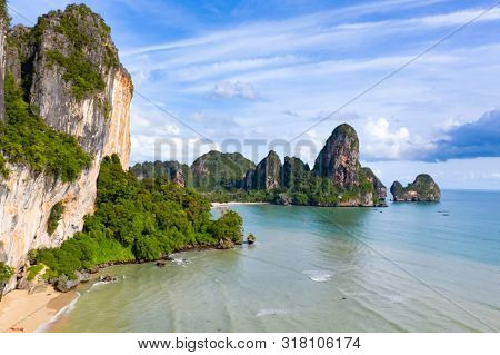 Travel vacation background - Aerial view of Railay beach, one of the most famousm, luxurious beach of Krabi, Thailand.