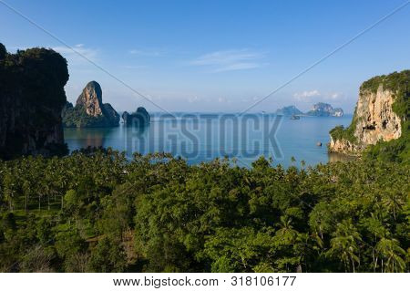 Travel vacation background - Aerial view of Railay beach, one of the most famousm, luxurious beach of Krabi, Thailand.