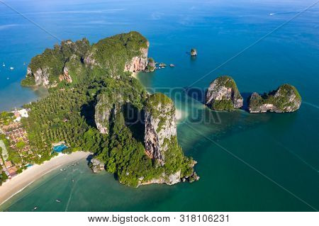 Travel vacation background - Aerial view of Railay beach, one of the most famousm, luxurious beach of Krabi, Thailand.