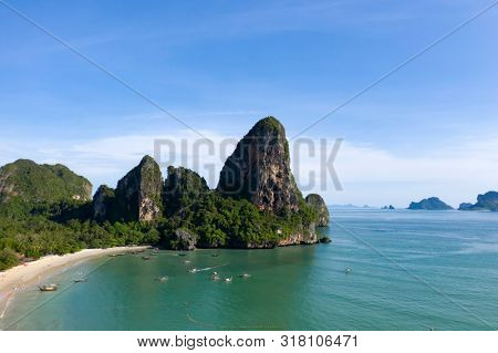 Travel vacation background - Aerial view of Railay beach, one of the most famousm, luxurious beach of Krabi, Thailand.